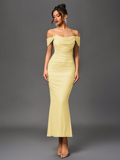 Off Shoulder Ruched Zipper Back Bodycon Dress