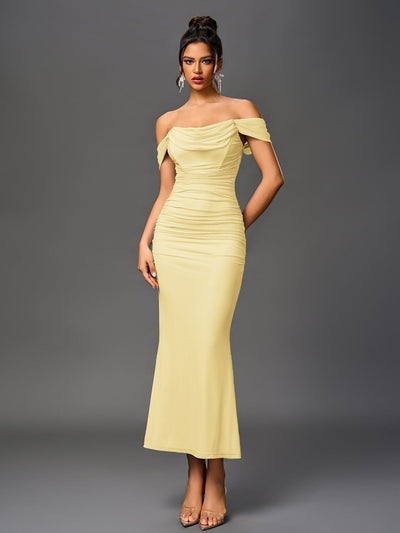 Off Shoulder Ruched Zipper Back Bodycon Dress